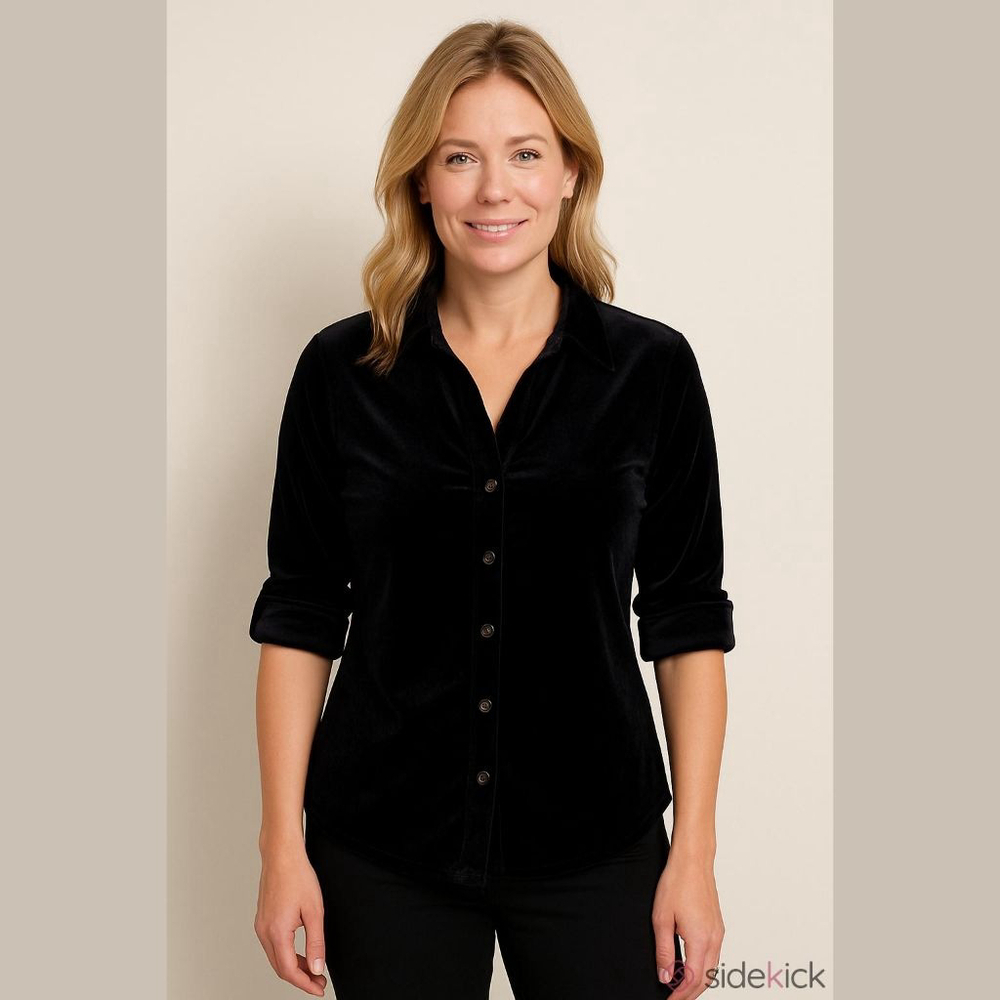 Currants Black Velvet Button-Down Shirt Women's Medium